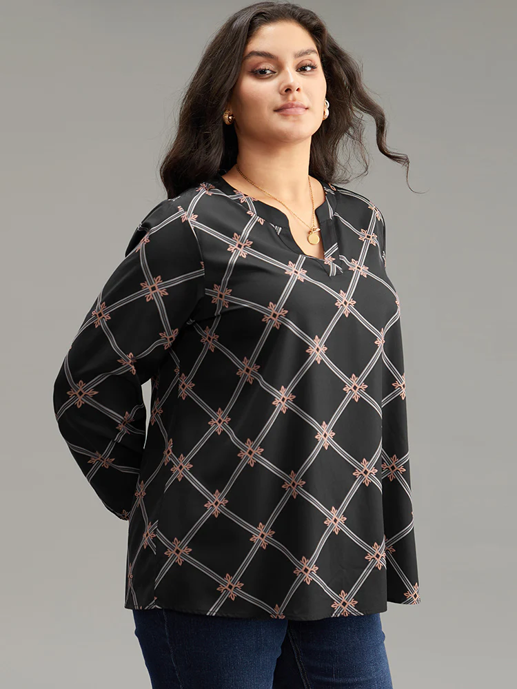 Plaid Notched Elastic Cuffs Blouse - Image 3