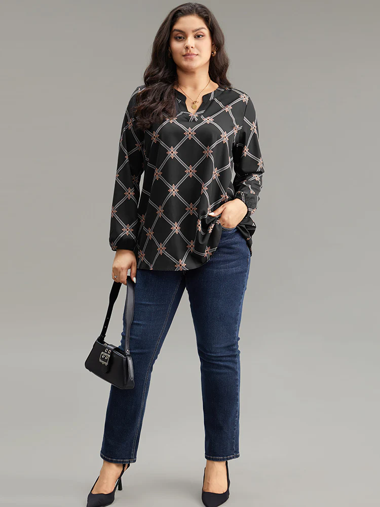 Plaid Notched Elastic Cuffs Blouse - Image 4