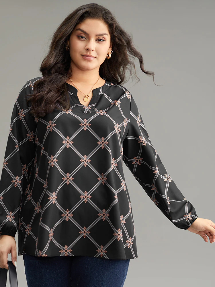 Plaid Notched Elastic Cuffs Blouse - Image 5