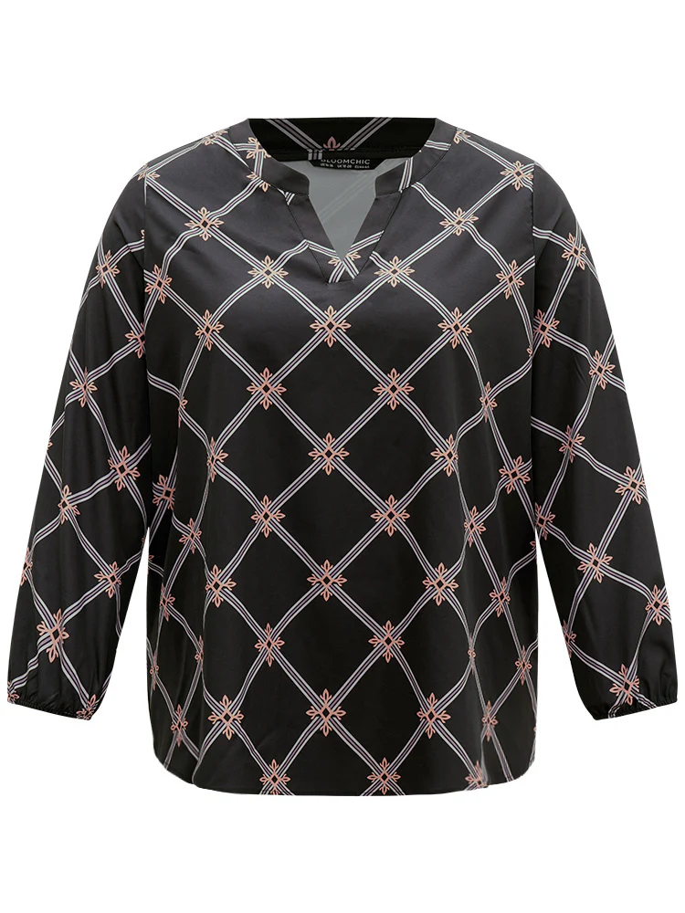 Plaid Notched Elastic Cuffs Blouse - Image 8