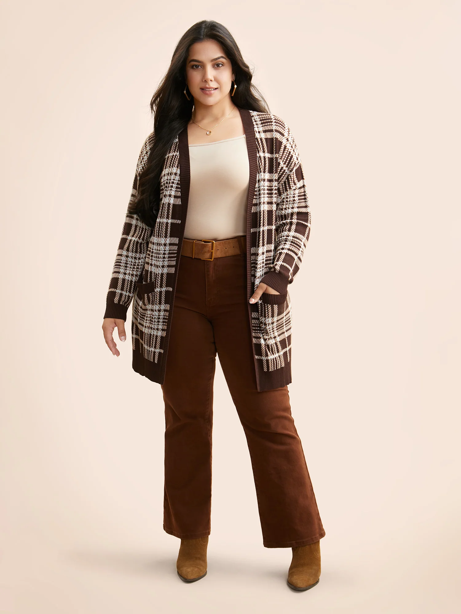 Plaid Open Front Patch Pocket Cardigan - Image 3