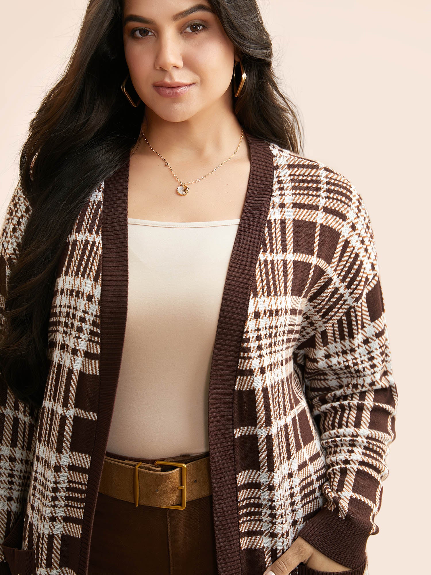 Plaid Open Front Patch Pocket Cardigan - Image 4