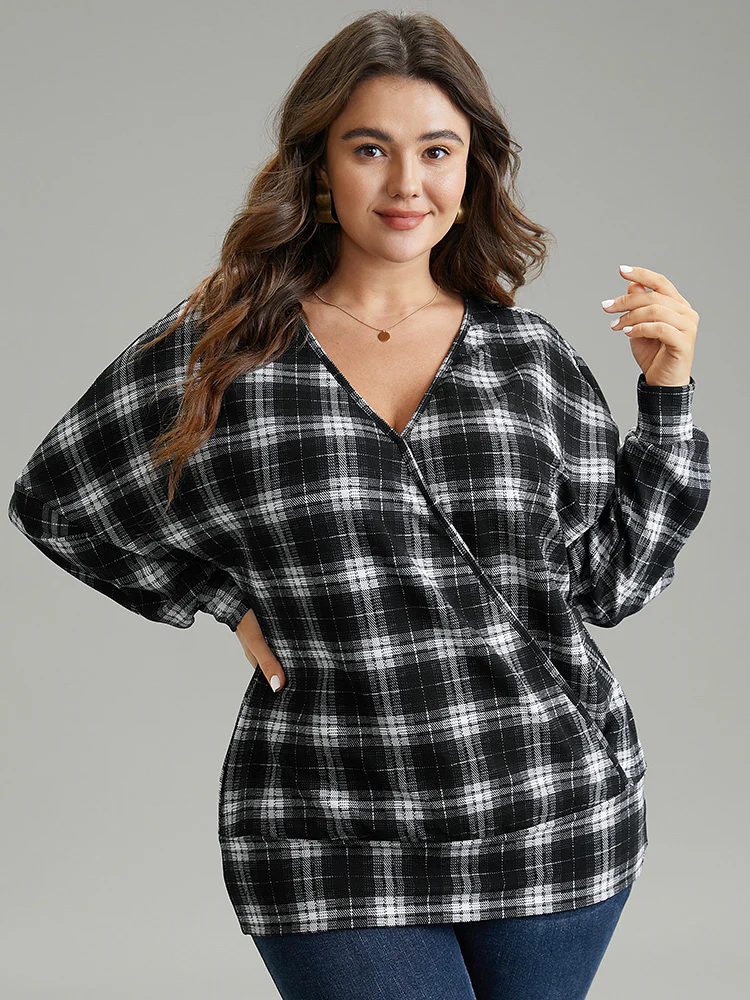 Plaid Overlap Collar Long Sleeve Sweatshirt - Image 2