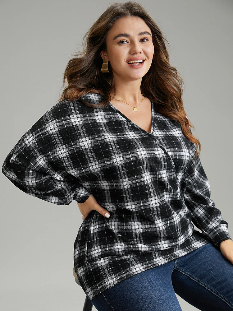 Plaid Overlap Collar Long Sleeve Sweatshirt - Image 3