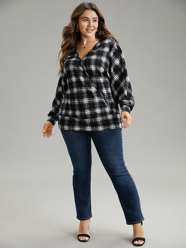 Plaid Overlap Collar Long Sleeve Sweatshirt - Image 4