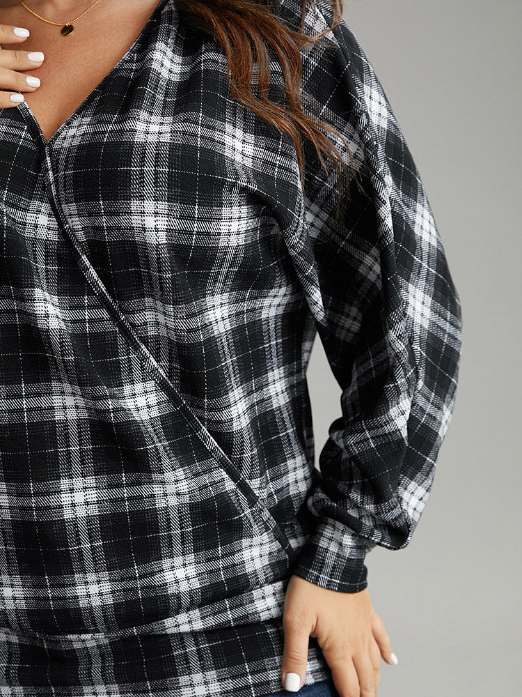 Plaid Overlap Collar Long Sleeve Sweatshirt - Image 6