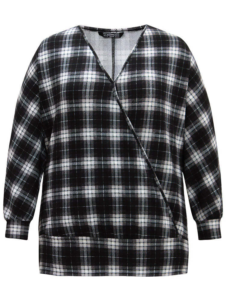 Plaid Overlap Collar Long Sleeve Sweatshirt - Image 7
