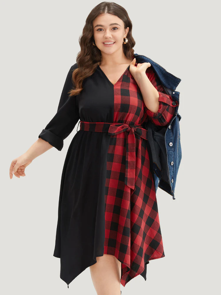Plaid Patchwork Belted Hanky Hem Dress - Image 3