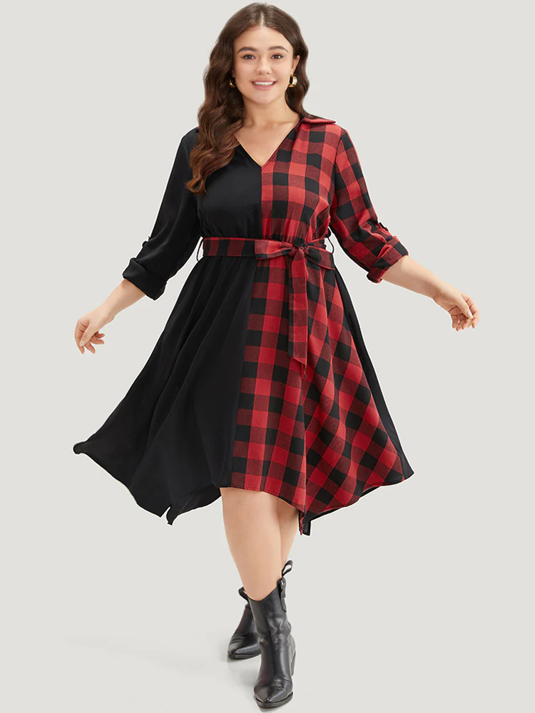 Plaid Patchwork Belted Hanky Hem Dress - Image 5