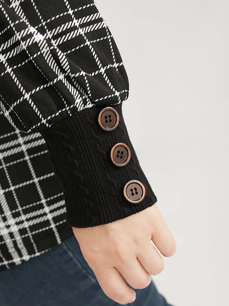 Plaid Patchwork Button Detail Funnel Neck Sweatshirt - Image 10
