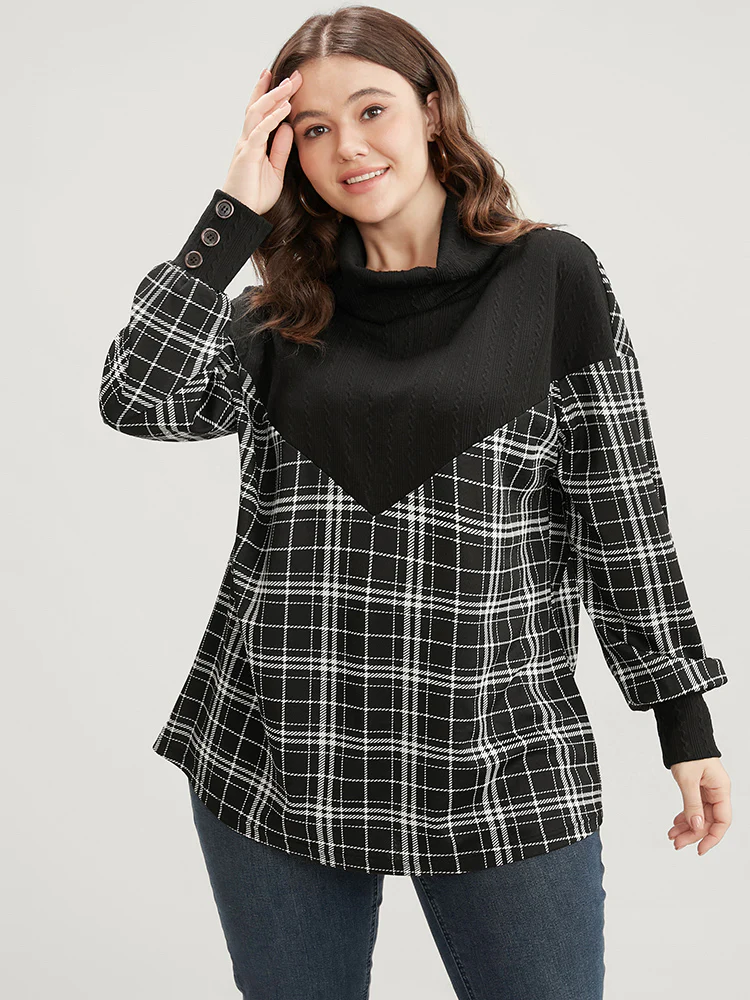 Plaid Patchwork Button Detail Funnel Neck Sweatshirt - Image 2