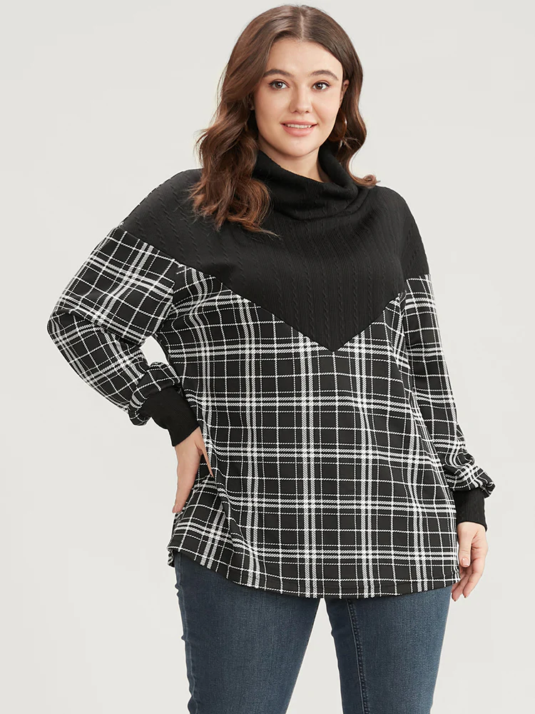Plaid Patchwork Button Detail Funnel Neck Sweatshirt - Image 3