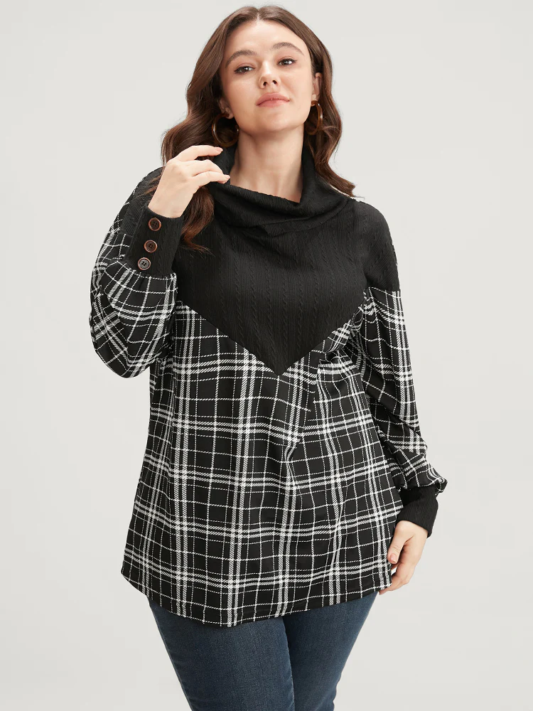 Plaid Patchwork Button Detail Funnel Neck Sweatshirt - Image 4