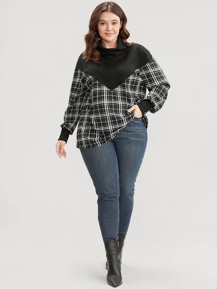 Plaid Patchwork Button Detail Funnel Neck Sweatshirt - Image 5