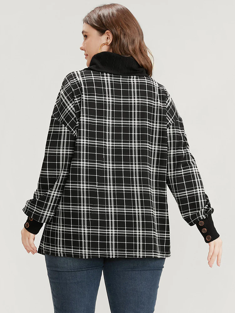 Plaid Patchwork Button Detail Funnel Neck Sweatshirt - Image 6