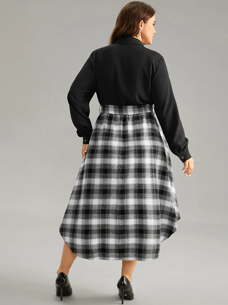 Plaid Patchwork Button Through Belted Dress - Image 2