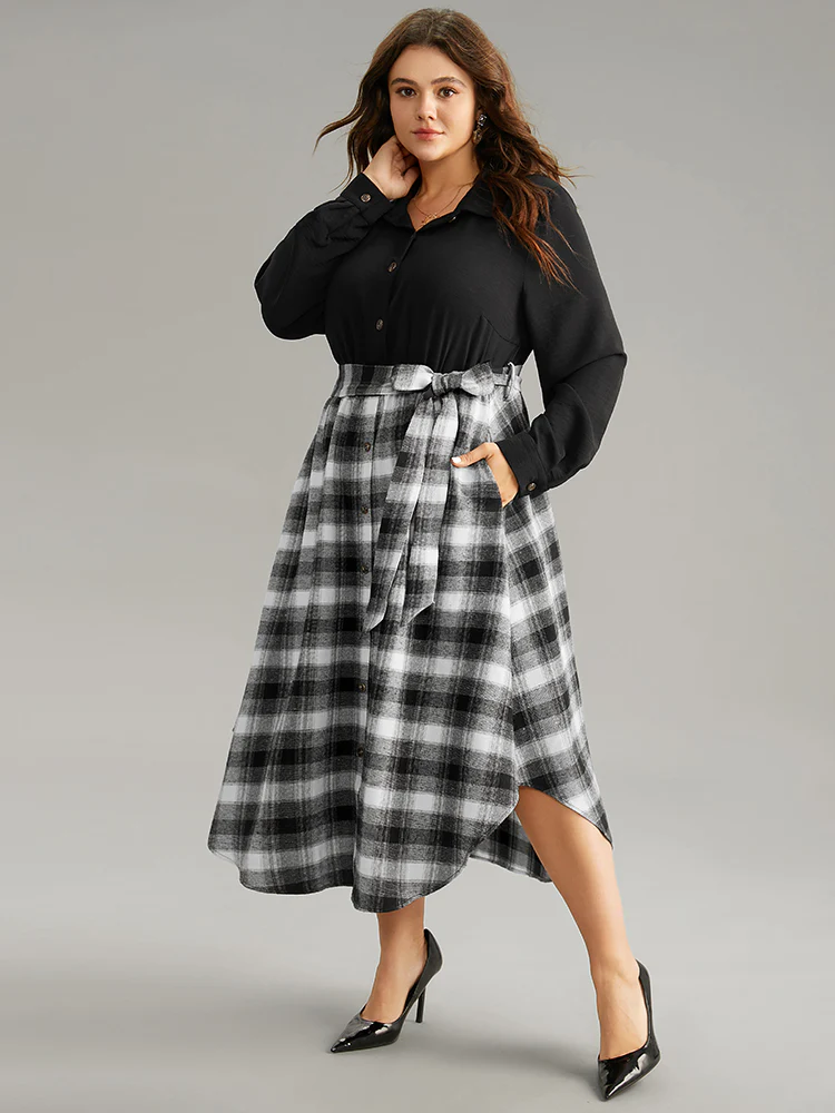 Plaid Patchwork Button Through Belted Dress - Image 3