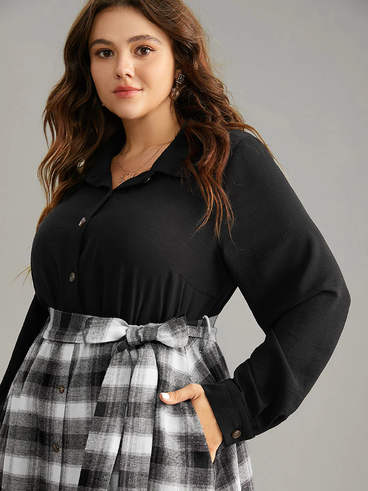Plaid Patchwork Button Through Belted Dress - Image 4