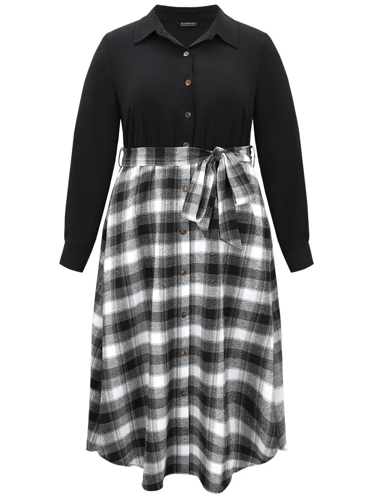 Plaid Patchwork Button Through Belted Dress - Image 5