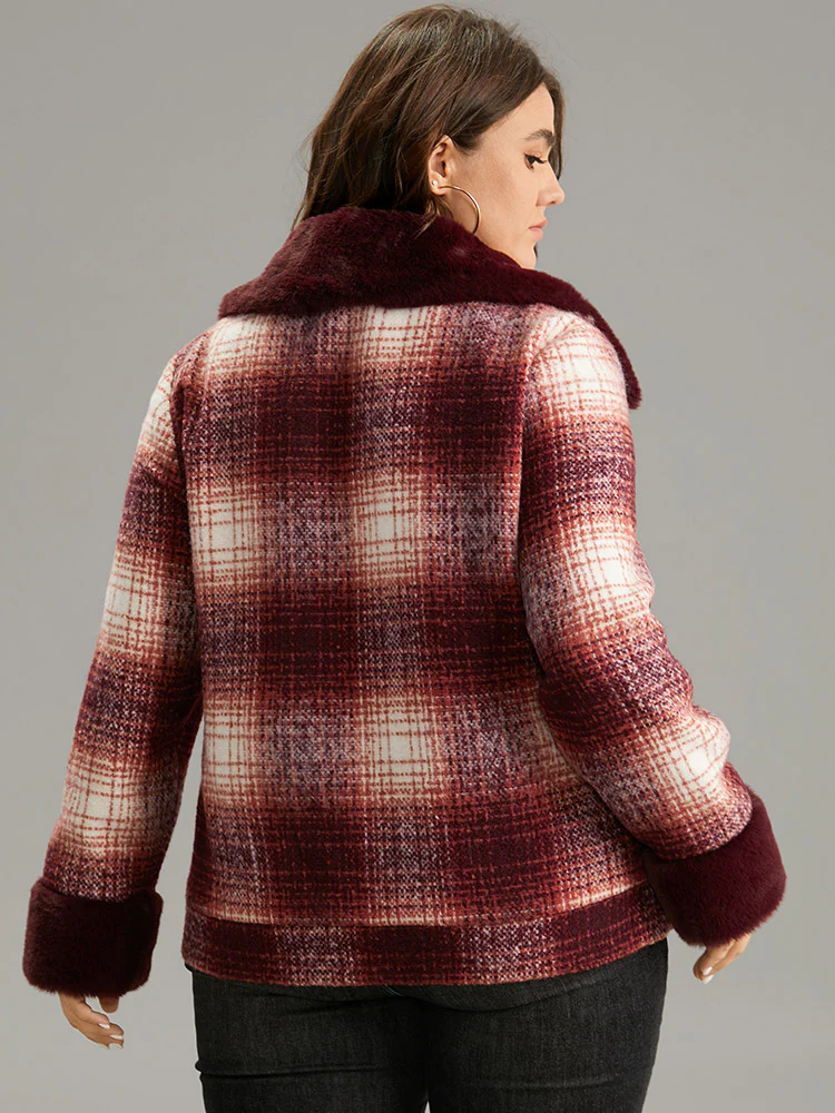 Plaid Patchwork Button Through Fuzzy Trim Jacket - Image 2