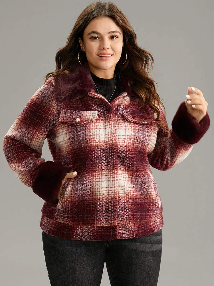 Plaid Patchwork Button Through Fuzzy Trim Jacket - Image 3
