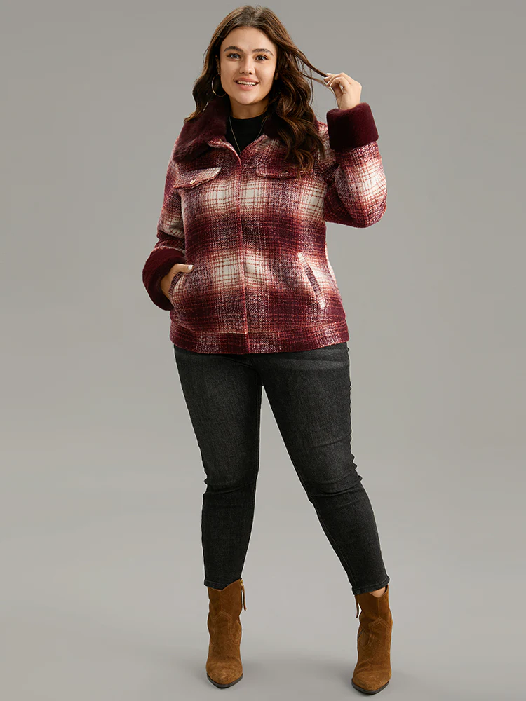 Plaid Patchwork Button Through Fuzzy Trim Jacket - Image 4