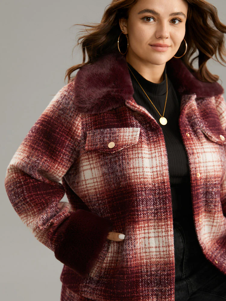 Plaid Patchwork Button Through Fuzzy Trim Jacket - Image 5