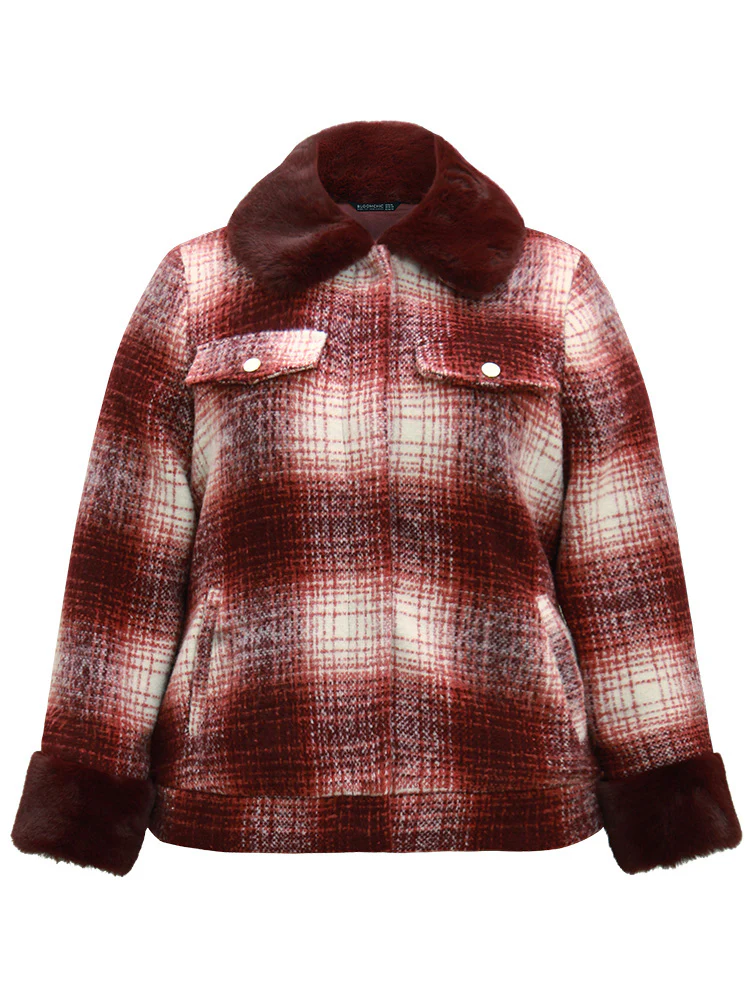 Plaid Patchwork Button Through Fuzzy Trim Jacket - Image 6