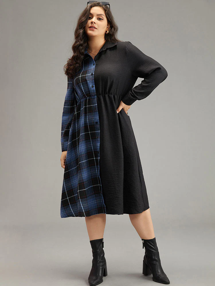 Plaid Patchwork Button Through Pocket Dress - Image 2