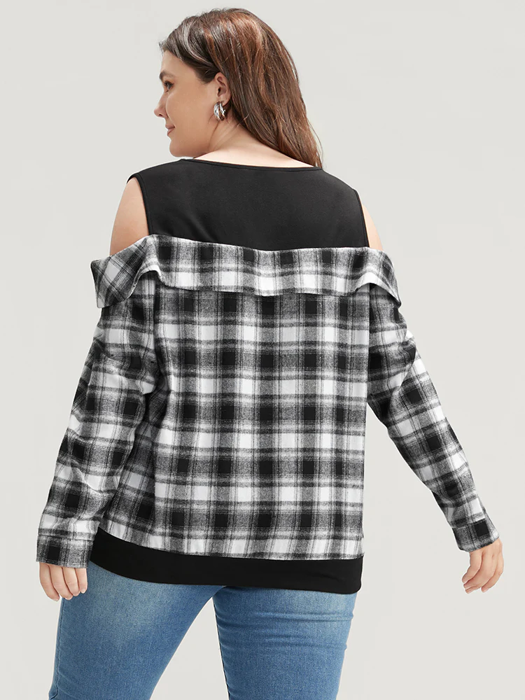 Plaid Patchwork Cold Shoulder Sweatshirt - Image 2