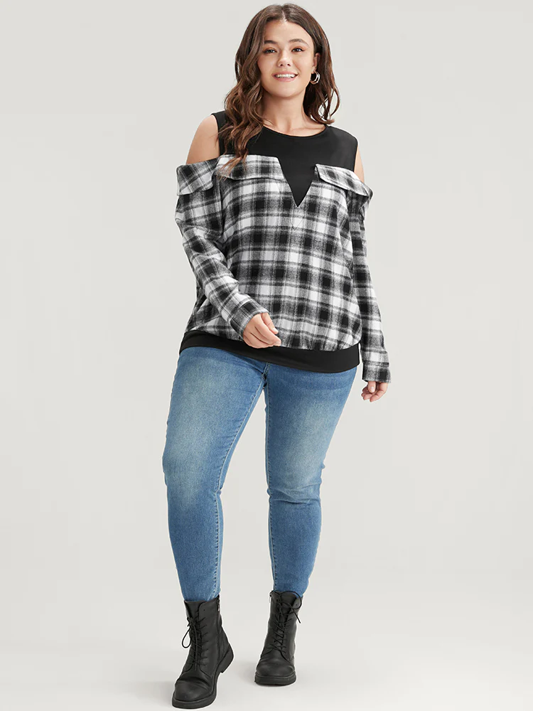 Plaid Patchwork Cold Shoulder Sweatshirt - Image 3