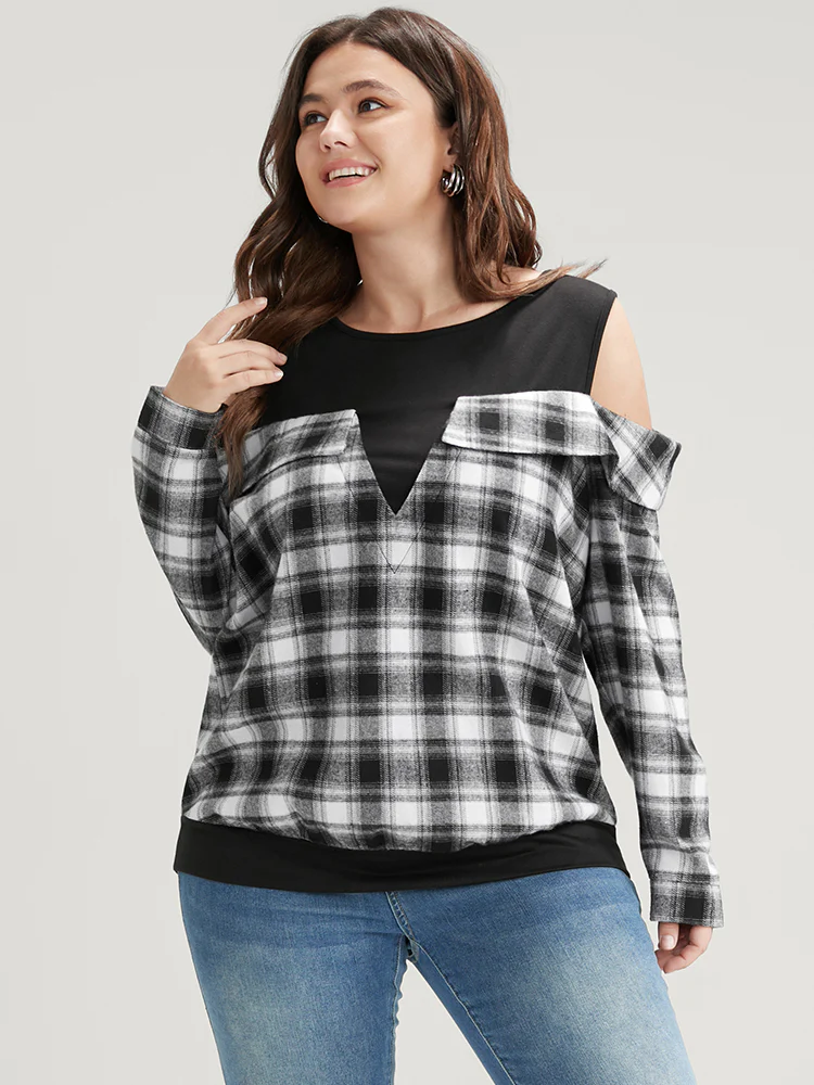 Plaid Patchwork Cold Shoulder Sweatshirt - Image 4
