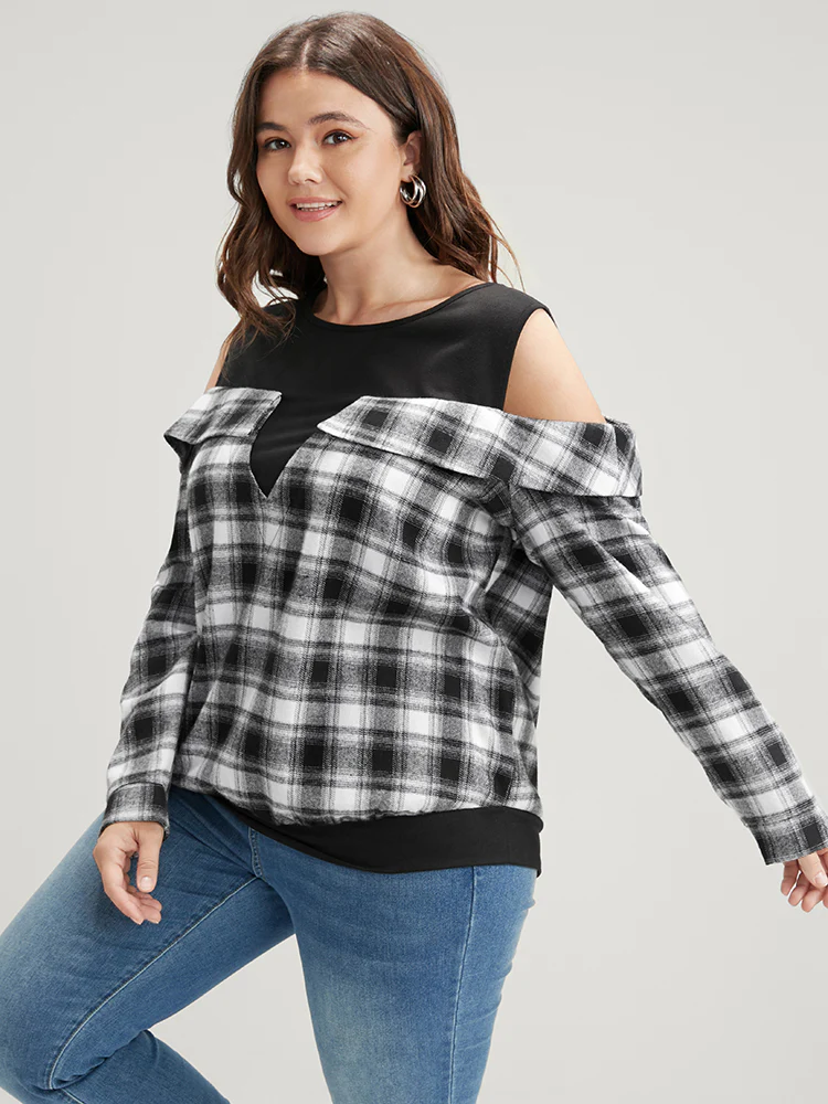 Plaid Patchwork Cold Shoulder Sweatshirt - Image 5