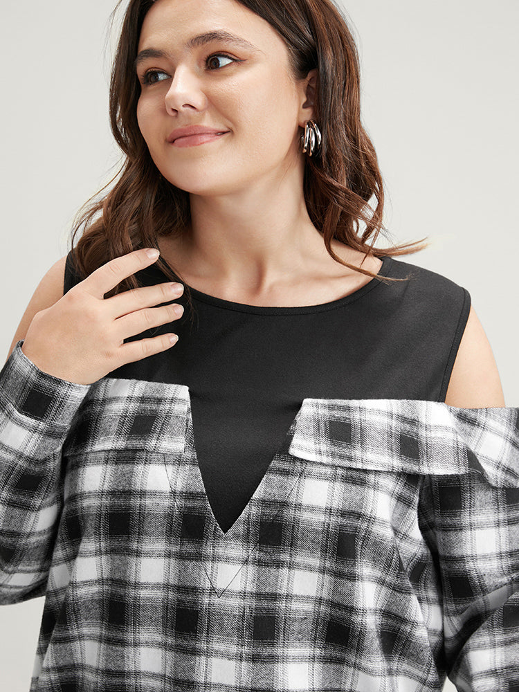 Plaid Patchwork Cold Shoulder Sweatshirt - Image 6