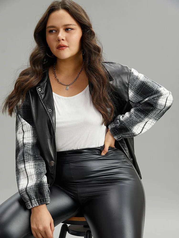 Plaid Patchwork Contrast Button Up Jacket - Image 4