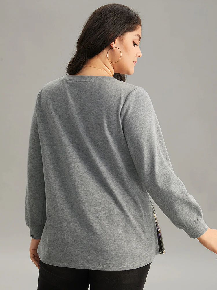 Plaid Patchwork Contrast Crew Neck Sweatshirt - Image 2