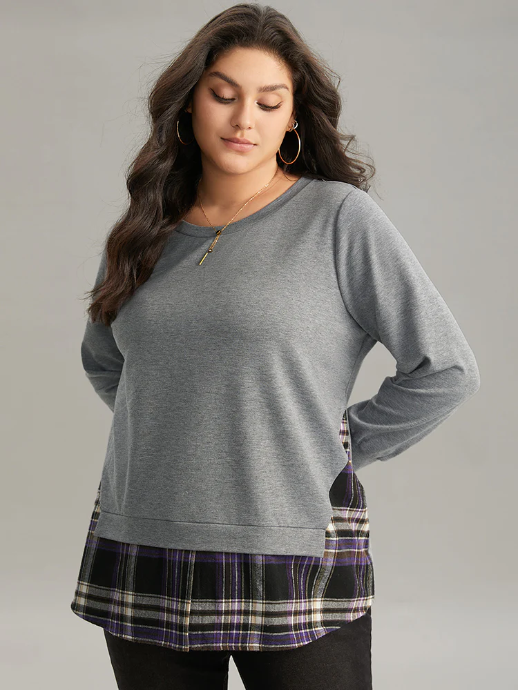 Plaid Patchwork Contrast Crew Neck Sweatshirt - Image 3