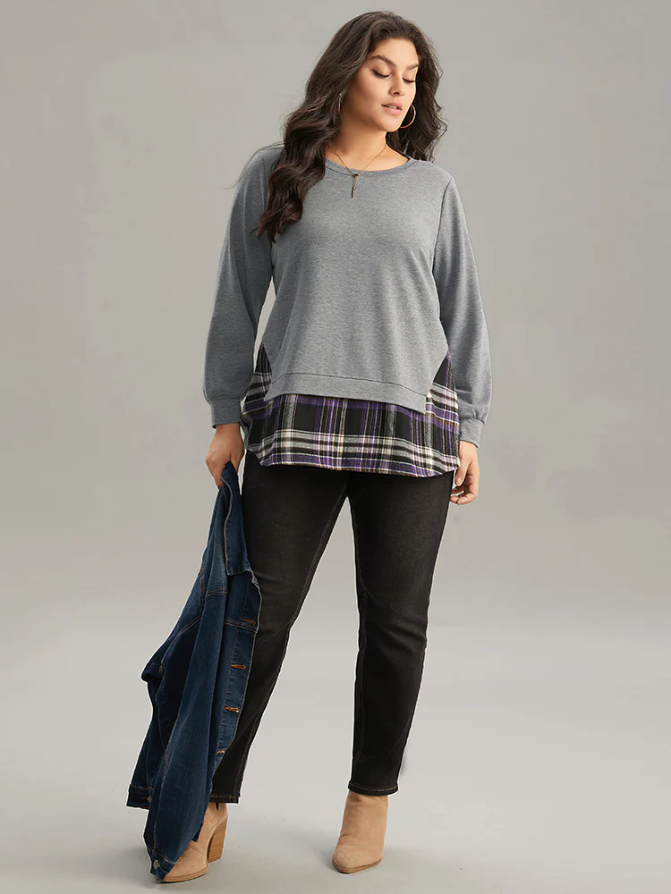Plaid Patchwork Contrast Crew Neck Sweatshirt - Image 4