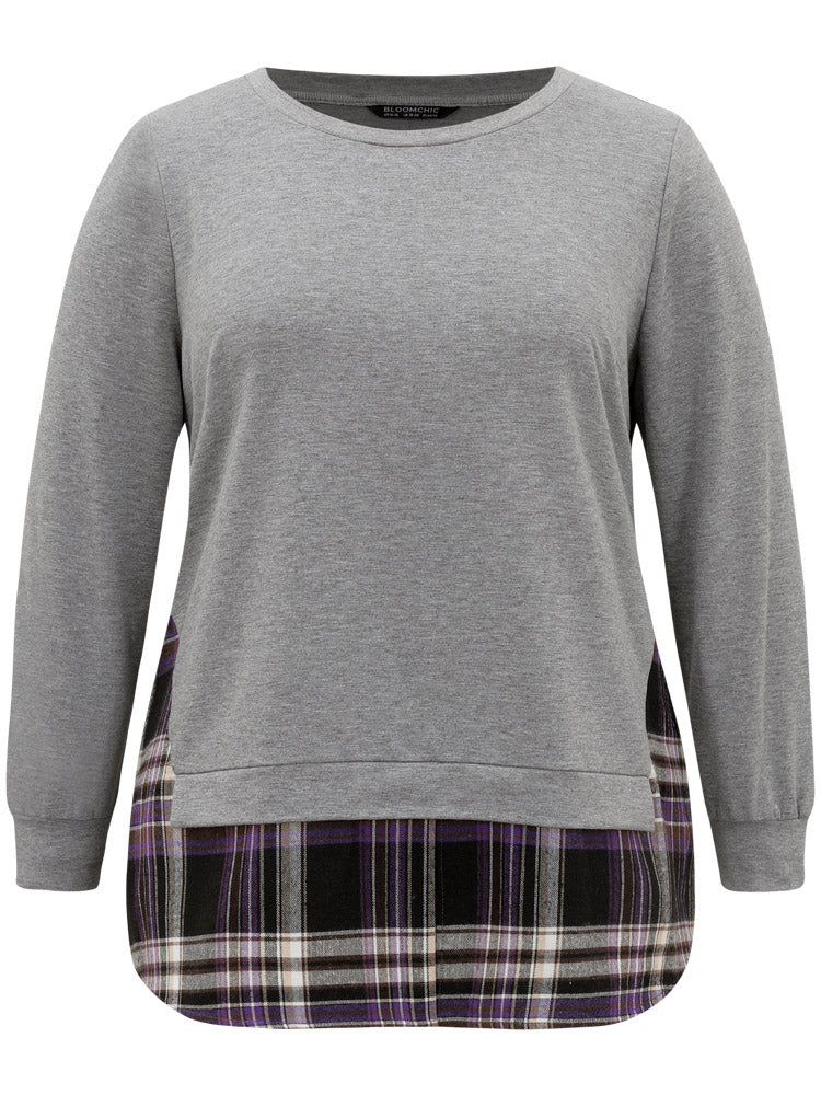 Plaid Patchwork Contrast Crew Neck Sweatshirt - Image 5
