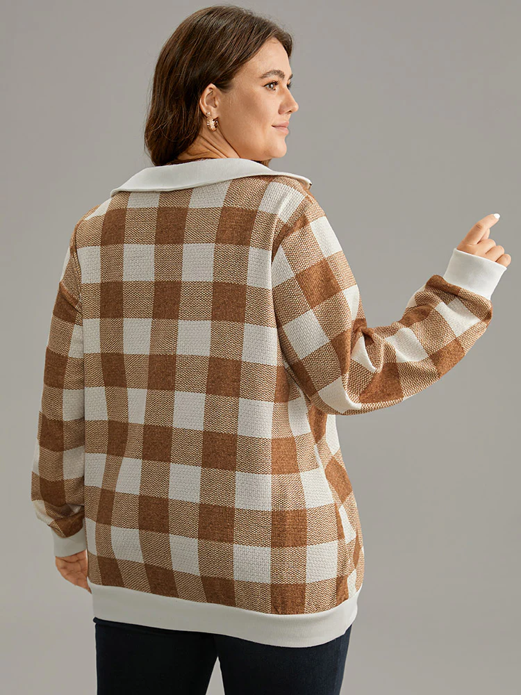 Plaid Patchwork Contrast Half Zip Sweatshirt - Image 2