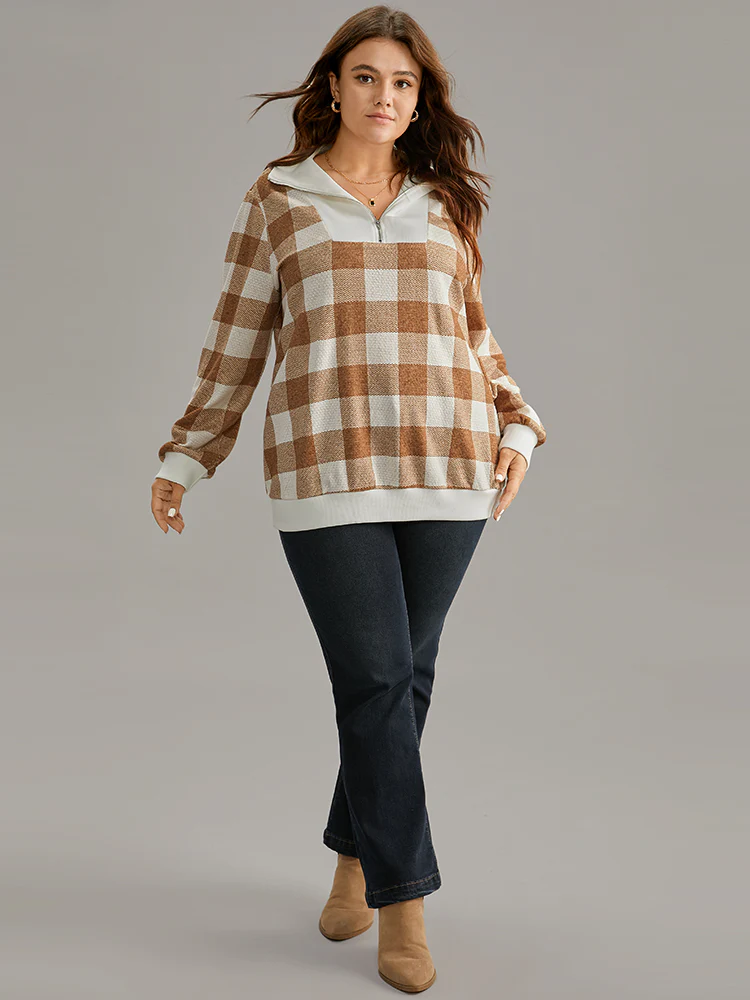 Plaid Patchwork Contrast Half Zip Sweatshirt - Image 3