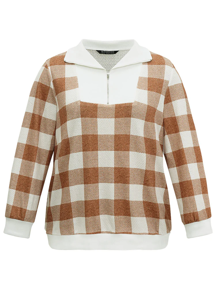 Plaid Patchwork Contrast Half Zip Sweatshirt - Image 5