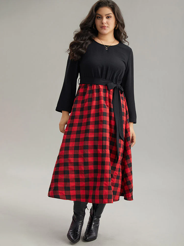 Plaid Patchwork Contrast Round Neck Belted Dress - Image 2