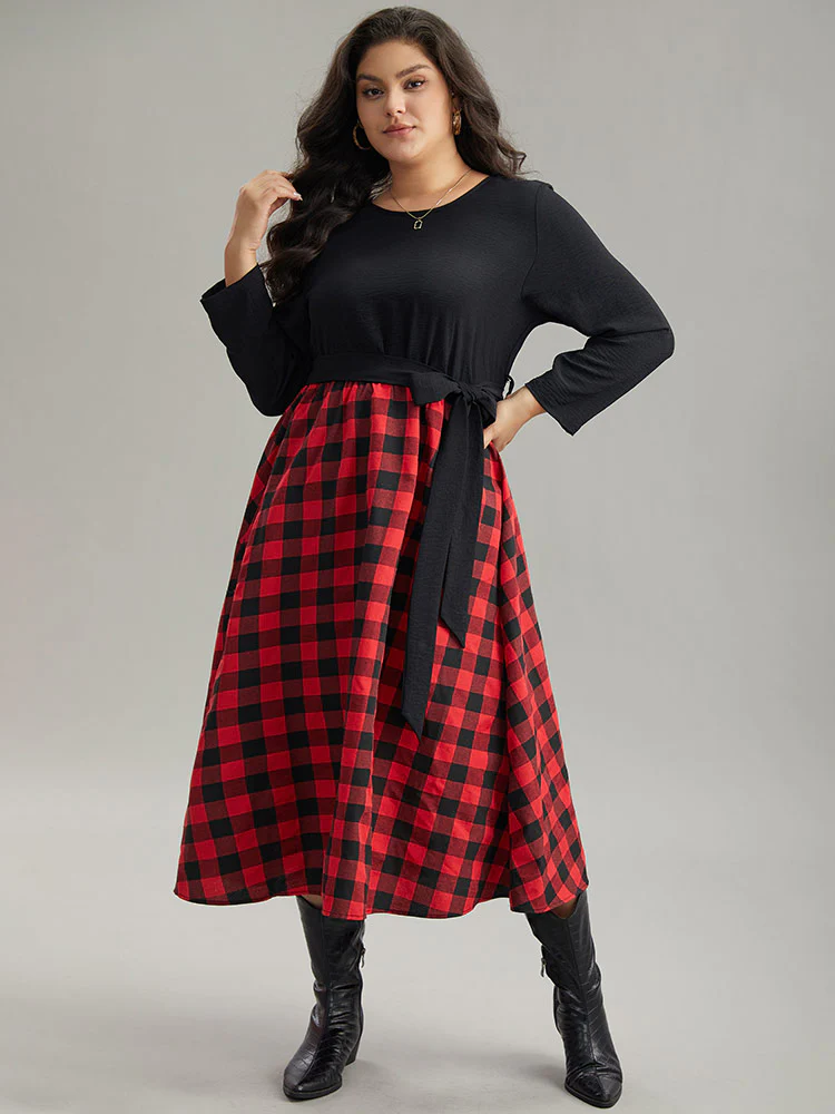 Plaid Patchwork Contrast Round Neck Belted Dress - Image 3