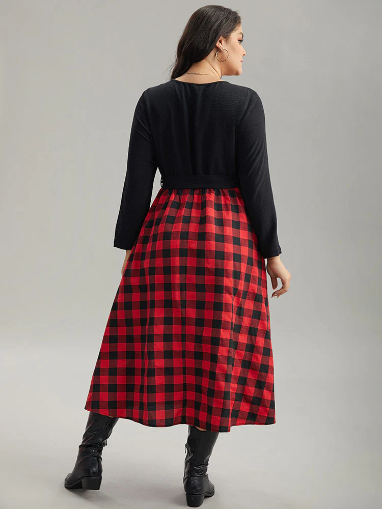 Plaid Patchwork Contrast Round Neck Belted Dress - Image 4