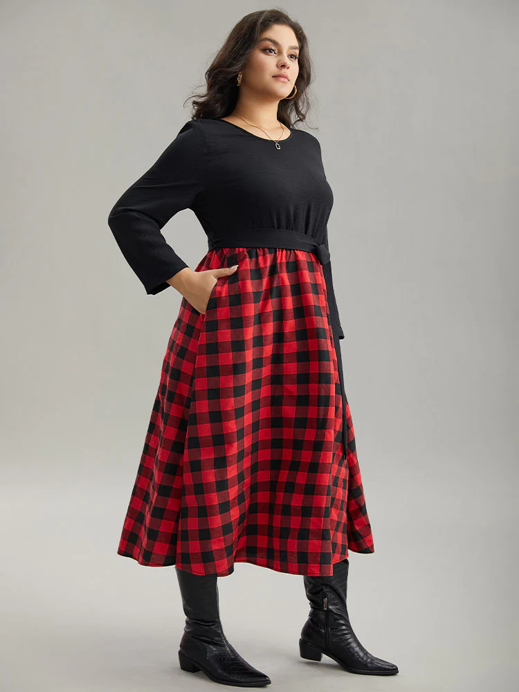 Plaid Patchwork Contrast Round Neck Belted Dress - Image 5
