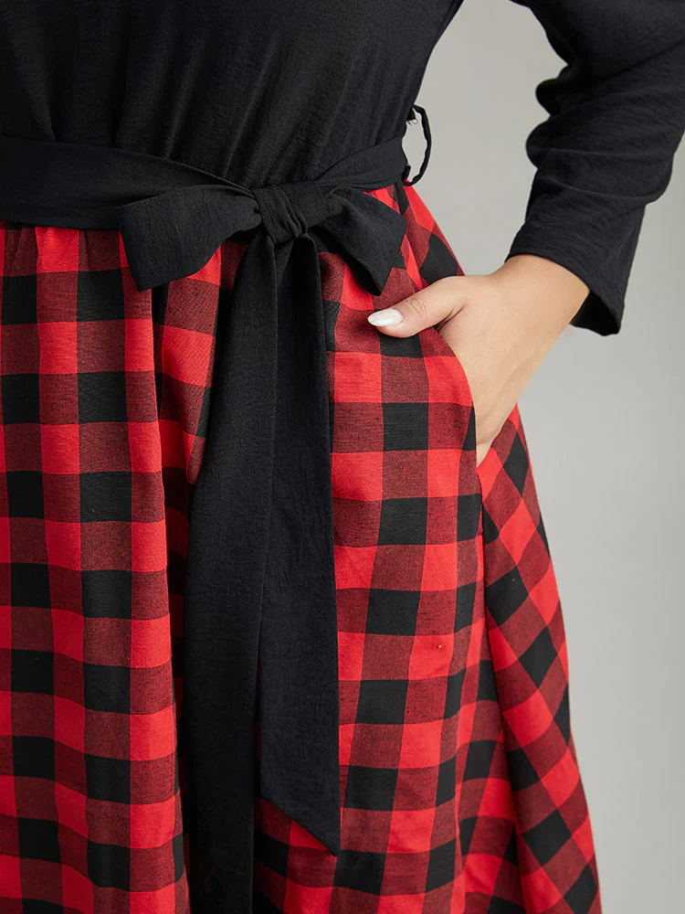 Plaid Patchwork Contrast Round Neck Belted Dress - Image 7