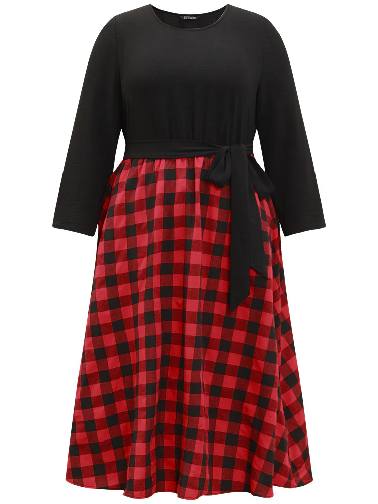 Plaid Patchwork Contrast Round Neck Belted Dress - Image 8