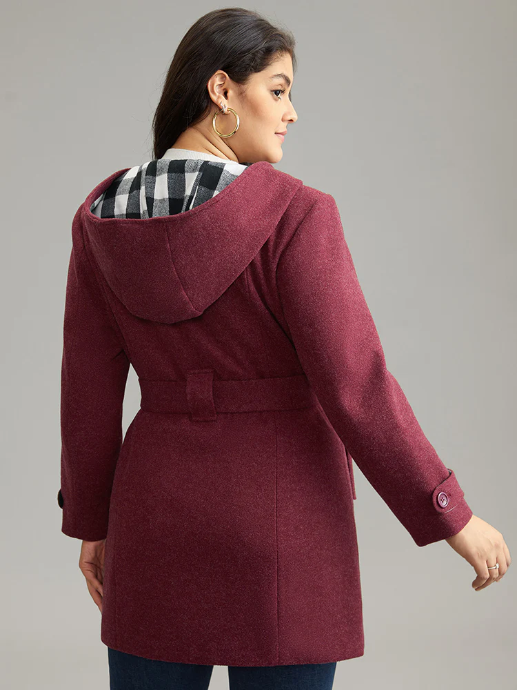 Plaid Patchwork Double Breasted Belted Hooded Coat - Image 2