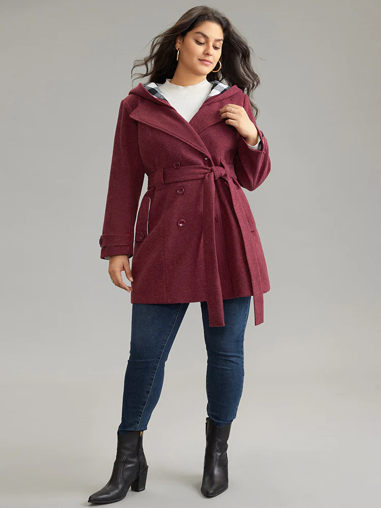 Plaid Patchwork Double Breasted Belted Hooded Coat - Image 3